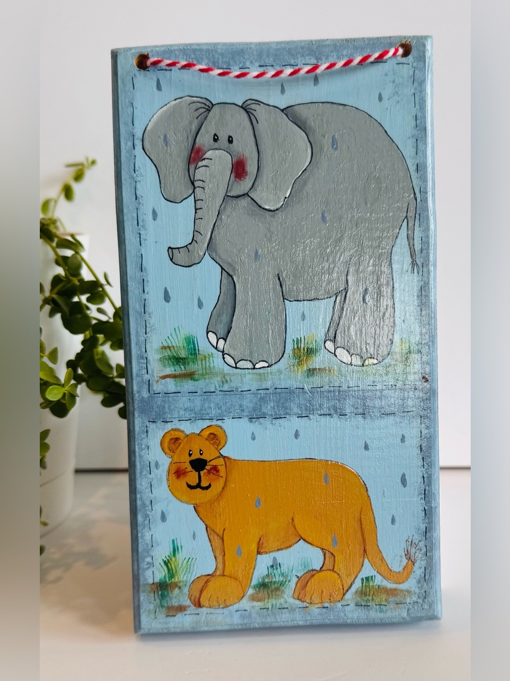Elephant & Lion Blue Painted Wood Wall Plaque 7 1/2” x 4”  NWOT
